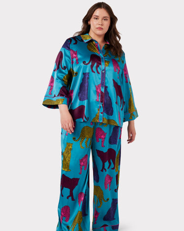 Satin Teal Leopard Print Long Pyjama Set